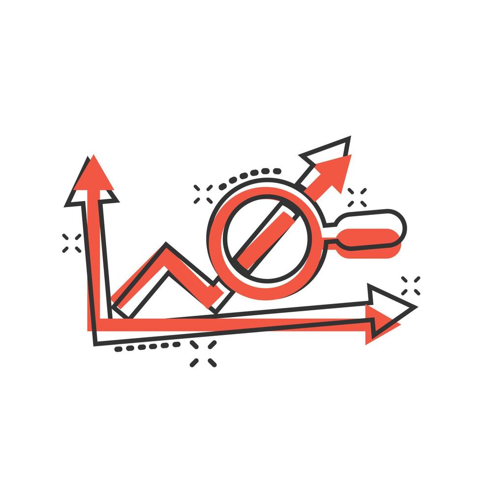 Market trend icon in comic style. Growth arrow with magnifier cartoon vector illustration on white isolated background. Increase splash effect business concept.