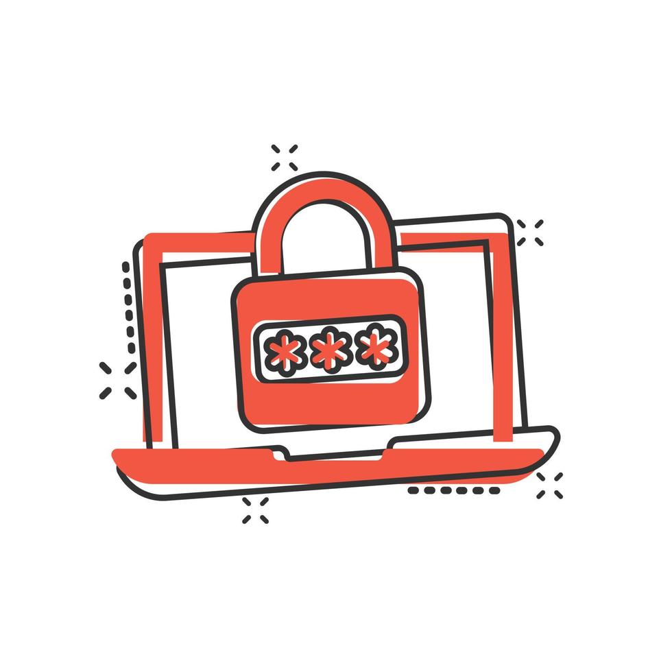 Laptop with password icon in comic style. Computer access cartoon vector illustration on white isolated background. Padlock entry splash effect business concept.