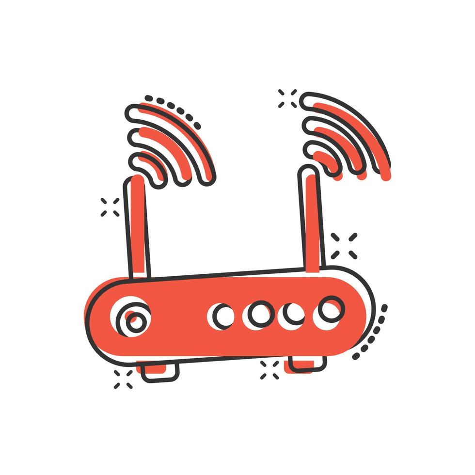 icono de enrutador wifi en estilo cómico. ilustración vectorial de dibujos animados de banda ancha sobre fondo blanco aislado. concepto de negocio de efecto de salpicadura de conexión a Internet. vector