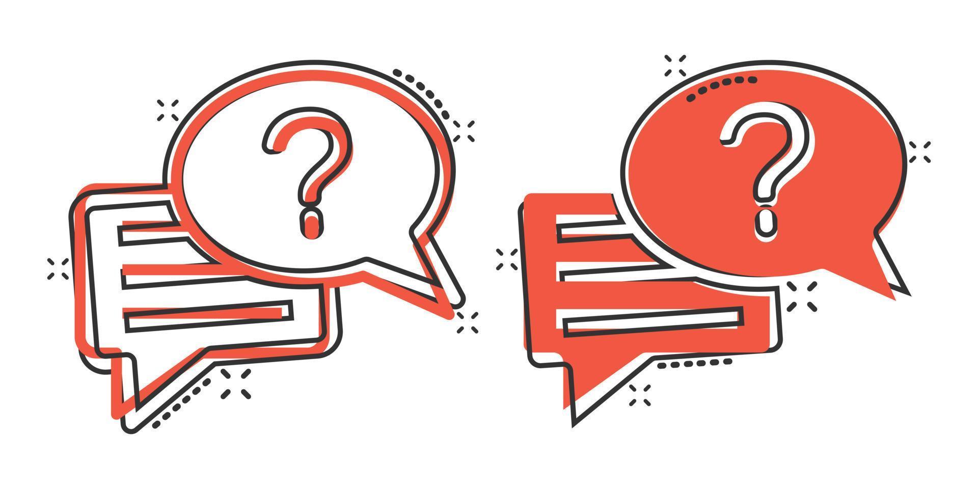 Question mark icon in comic style. Discussion speech bubble cartoon vector illustration on white isolated background. Faq splash effect business concept.