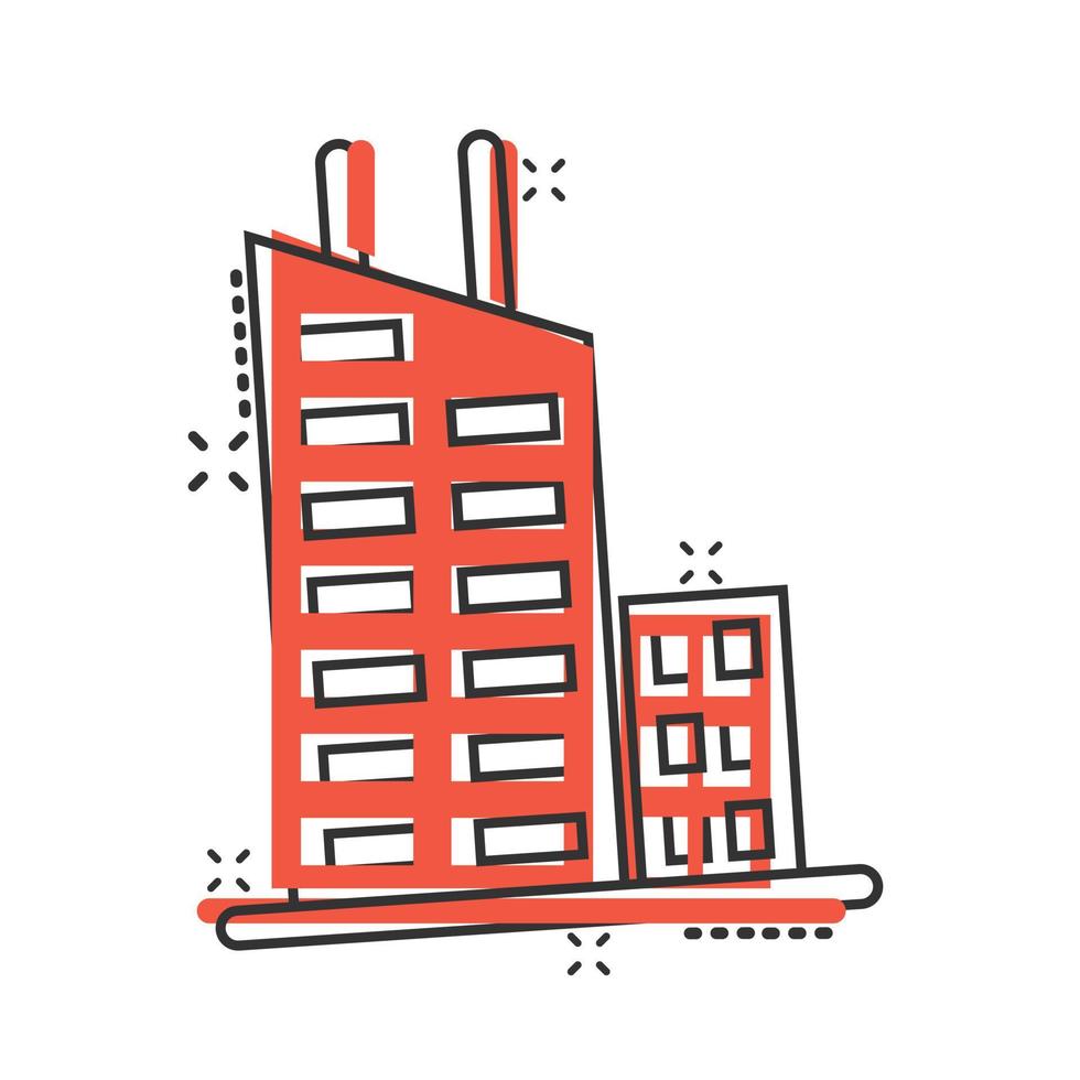 Building icon in comic style. Town skyscraper apartment cartoon vector illustration on white isolated background. City tower splash effect business concept.