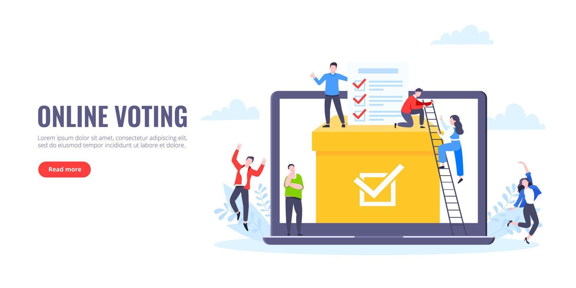 Online voting concept flat style design vector illustration. Tiny people with voting poll online survey working together.