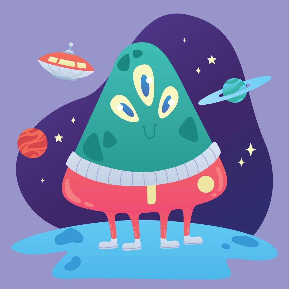 Isolated cute green alien character with three eyes Vector