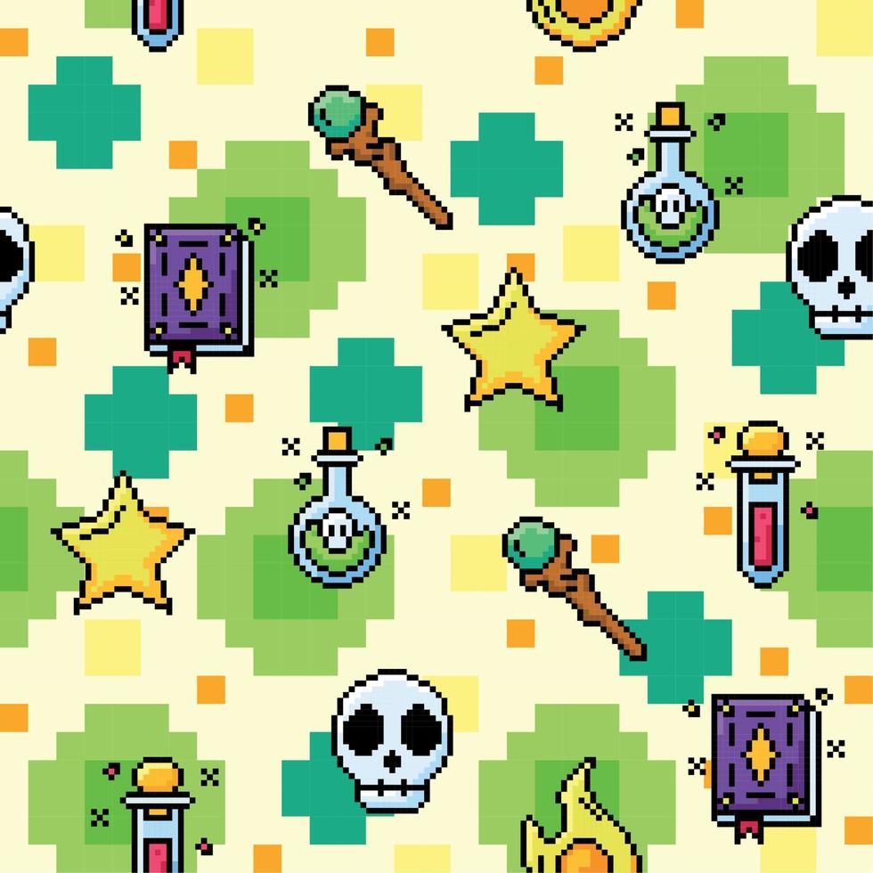 Videogame seamless pattern background with magic icons Vector