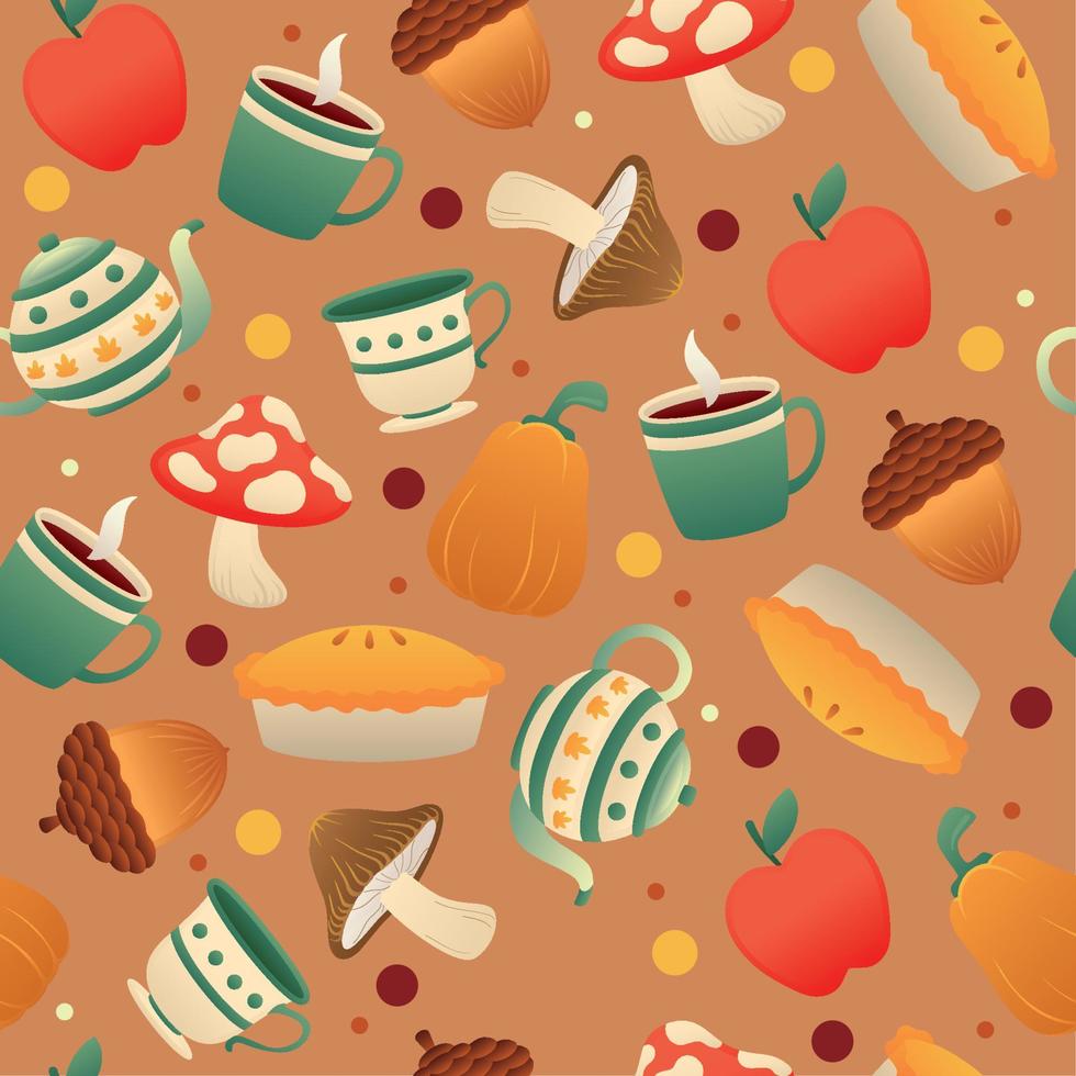 Autumn seamless pattern background with seasonal food and drinks Vector