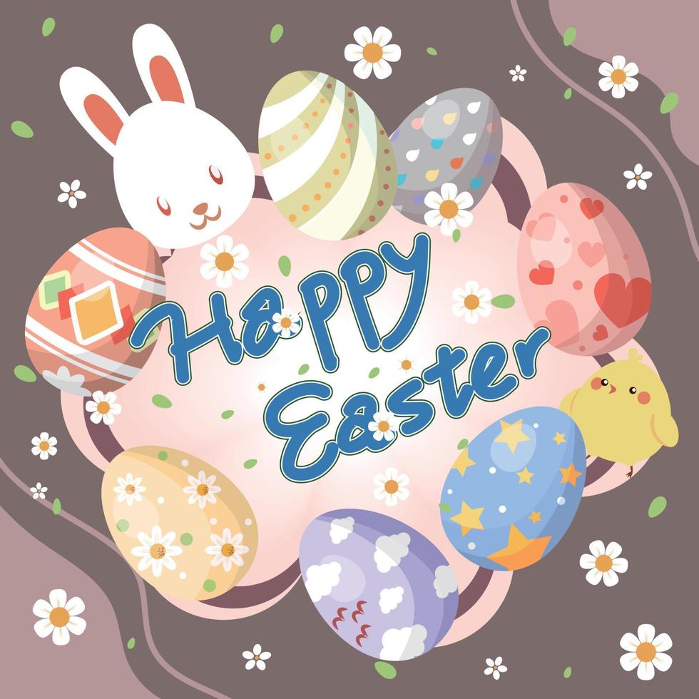 Happy Easter card with bunny chick and colorful eggs vector