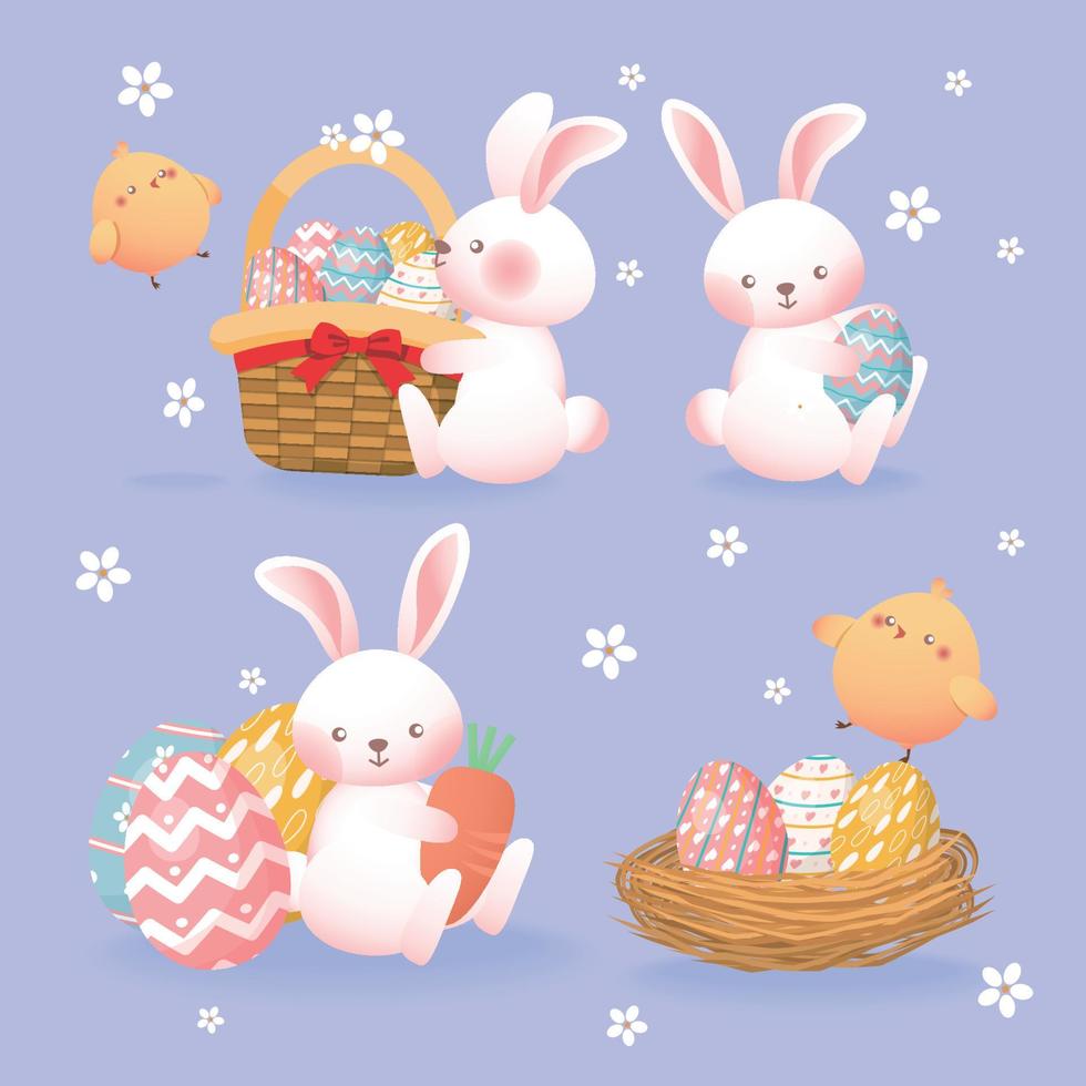 un conjunto de linda Pascua de Resurrección ilustraciones con huevos, liebres, cestas, nidos y polluelos vector