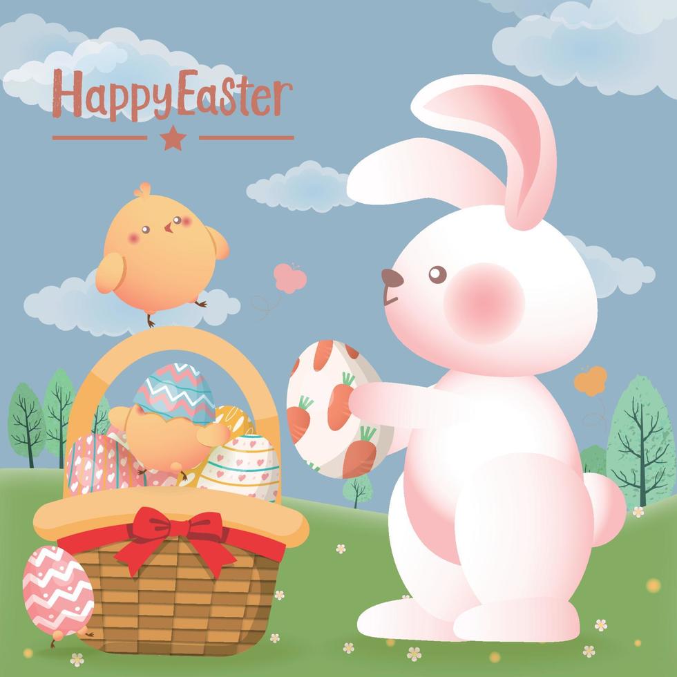 Easter greeting card with hare, easter eggs and chicks vector