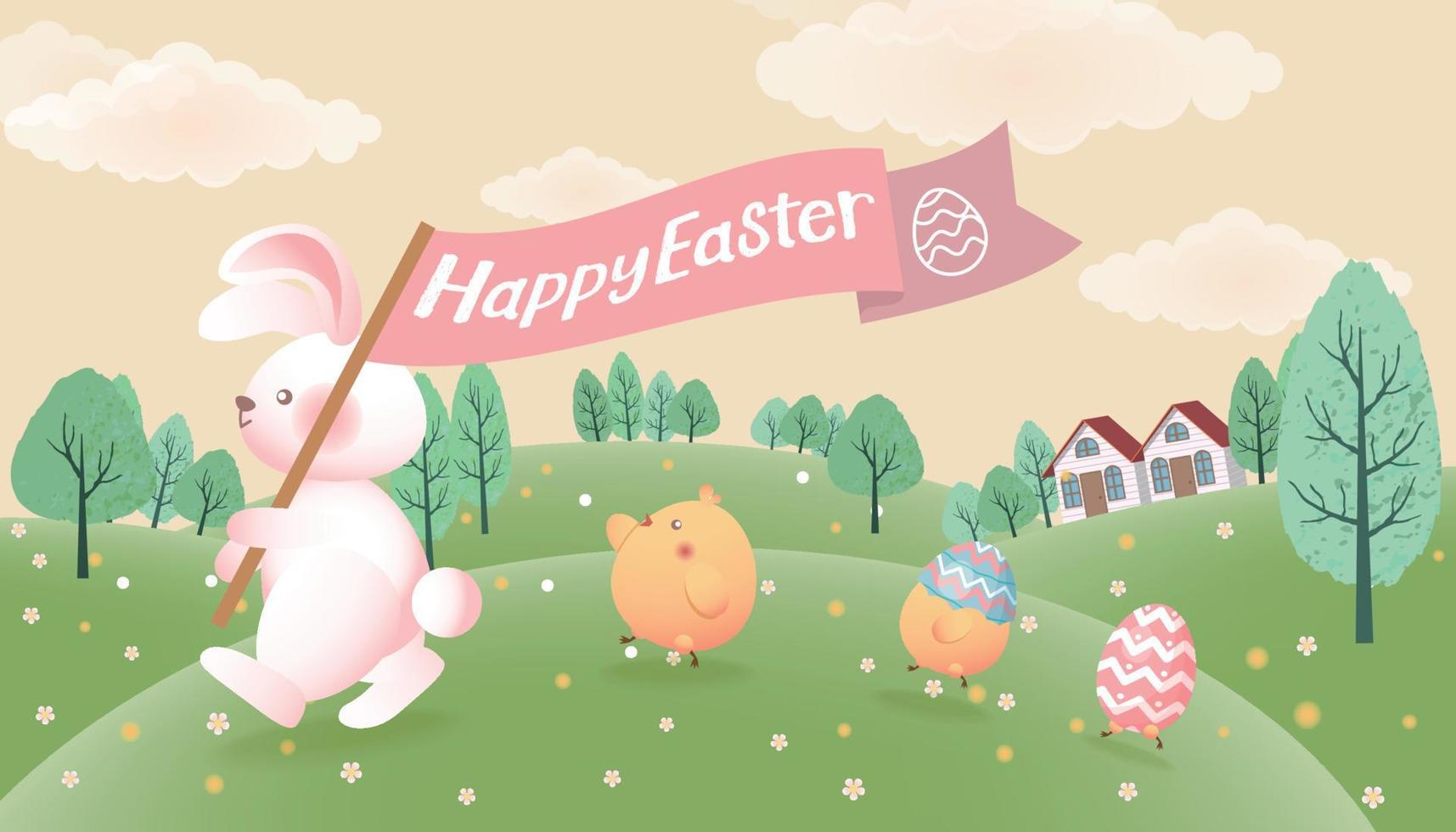 Easter greeting card with hare, easter eggs and chicks vector