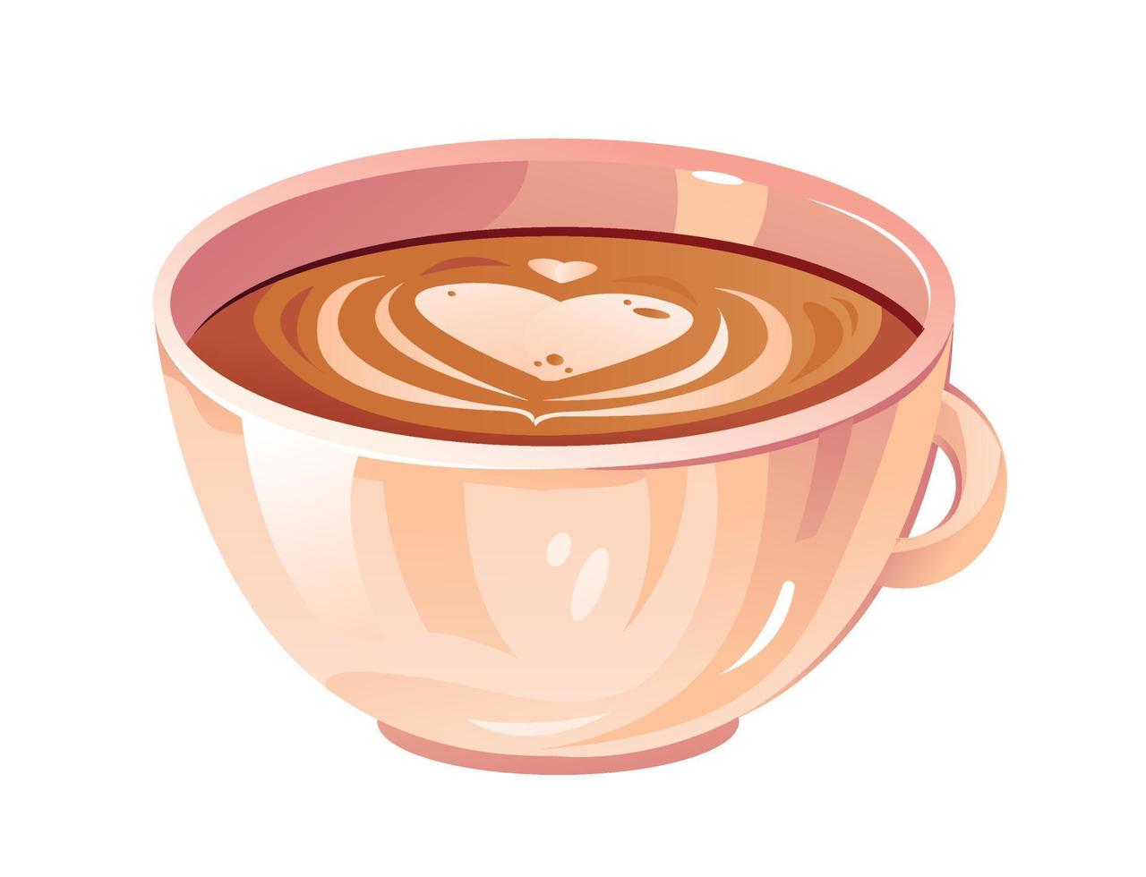 A cup of cappuccino with milk foam in the shape of a heart. A cup of coffee. Cute vector illustration.