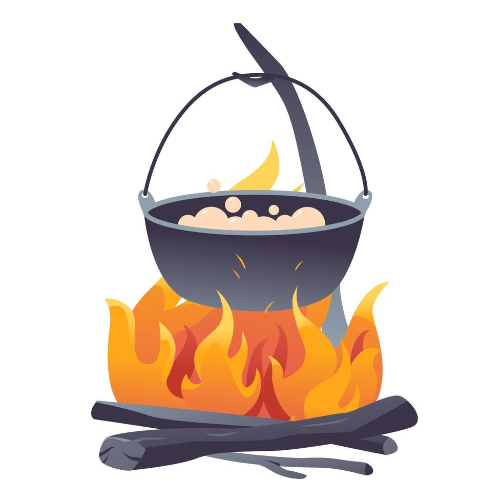 Hiking Food on the bonfire. Campfire. Outdoor food. Cartoon vector illustration