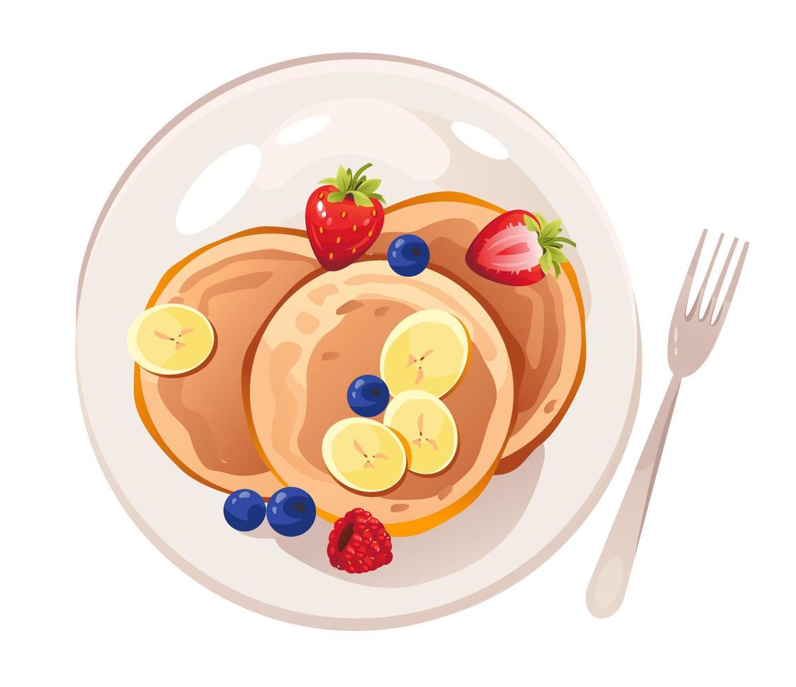 Pancakes with fruit. Healthy breakfast. Vegan food. American brunch with berries. Vector illustration.