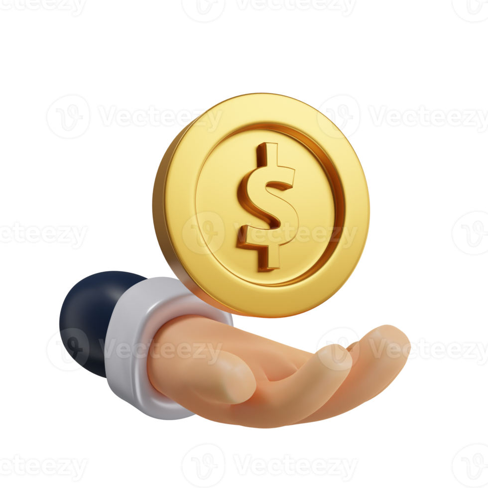 hand holding a gold coin for business with minimal style 3d rendering. png