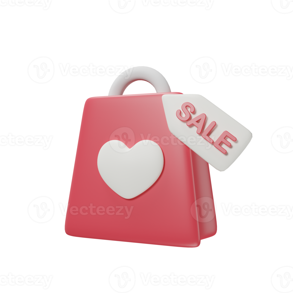 compras bolso con un corazón y rebaja etiqueta icono 3d hacer ilustración para San Valentín día. png