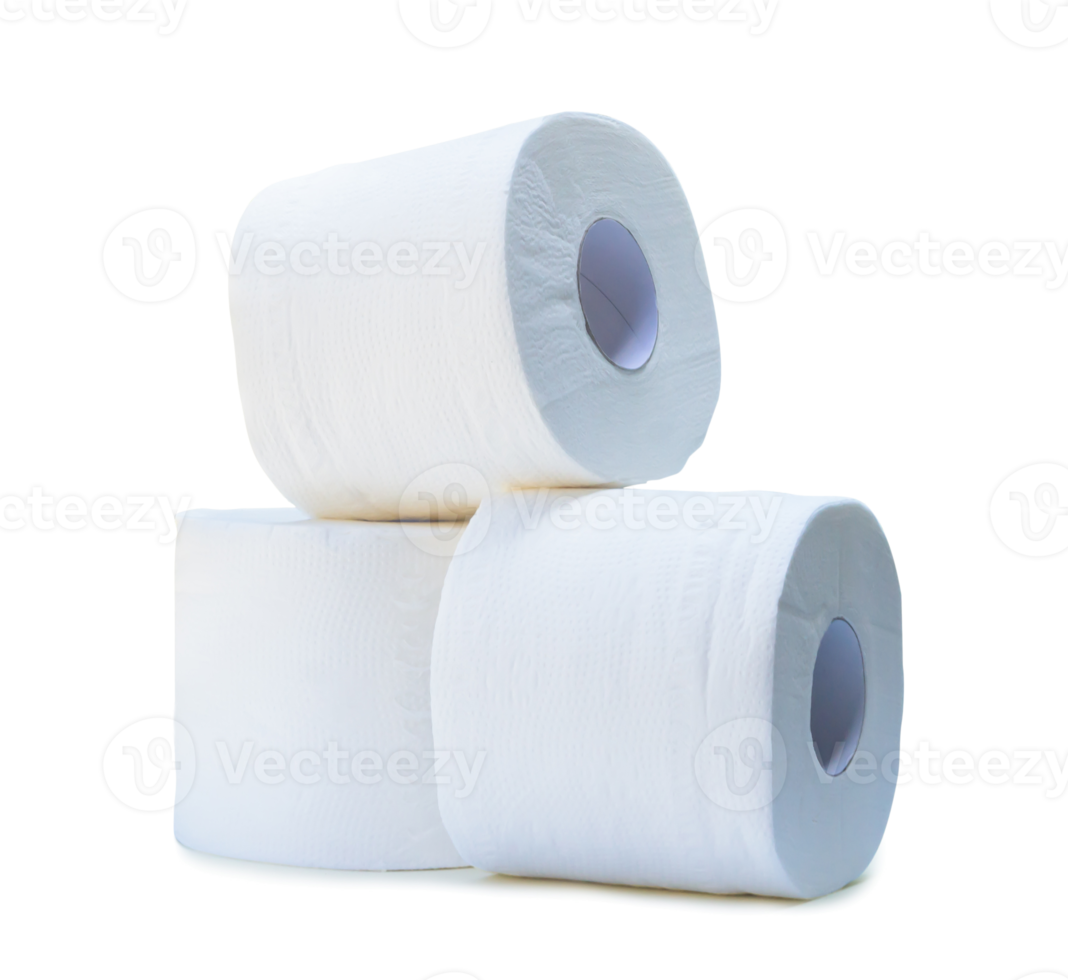 three rolls of white tissue paper or napkin in stack prepared for use in toilet or restroom isolated with clipping path and shadow in png file format