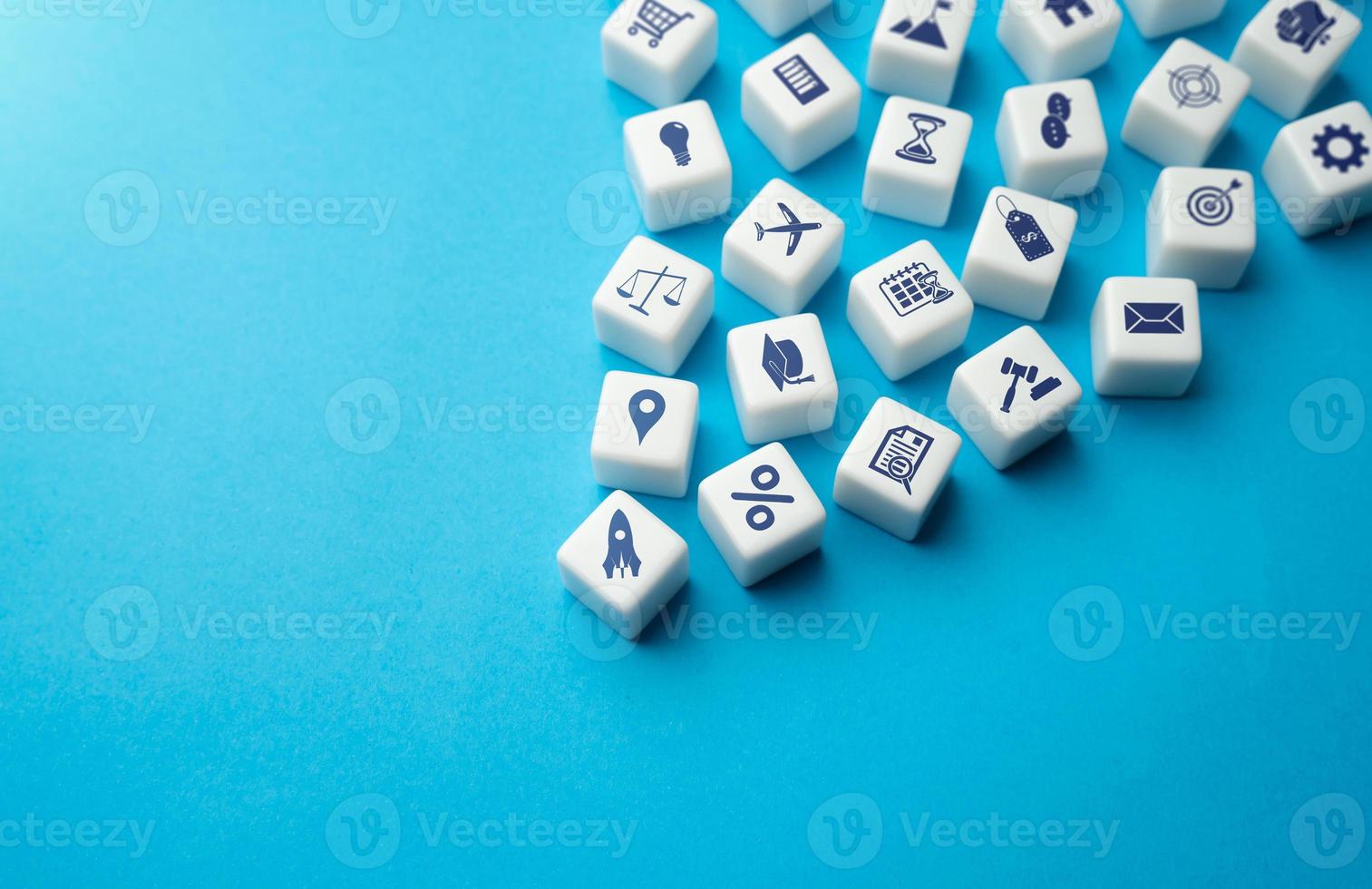 Blocks with business symbols icons. Conducting business and processes concept. Management and education. Learn and start your own business company. Make money, finance tools. Analytics and trends. photo