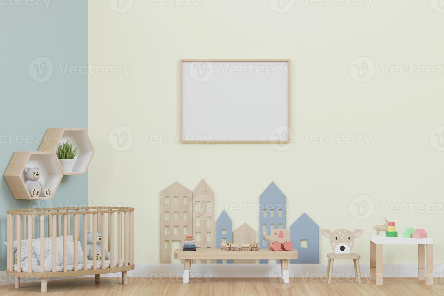 3D mockup photo frame in chidren room rendering