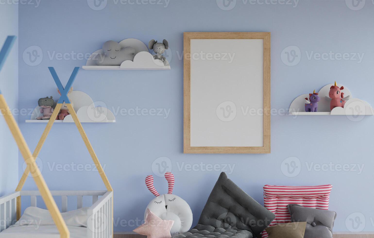 3D mockup blank photo frame in chirldren room rendering