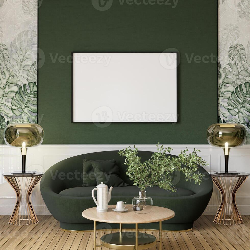 3D illustration Mockup blank photo frame in living room rendering