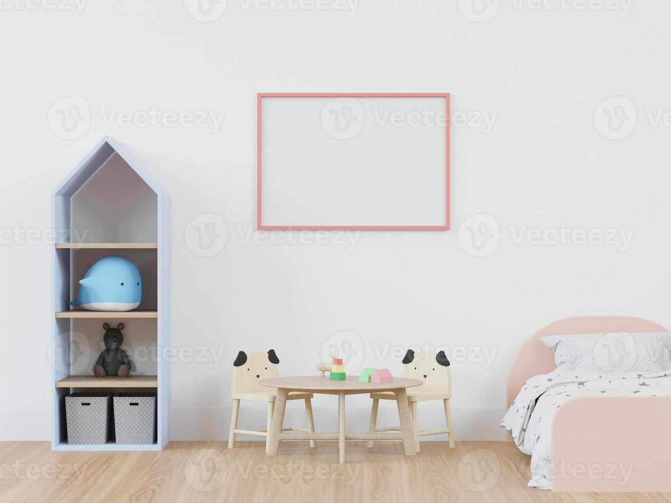 3D mockup photo frame in chidren room rendering