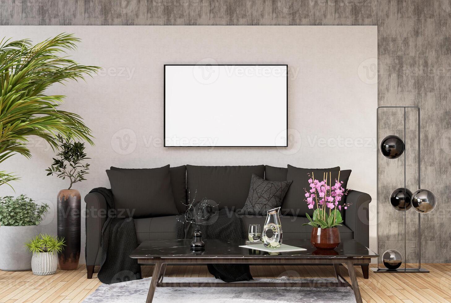 3D illustration Mockup blank photo frame in living room rendering