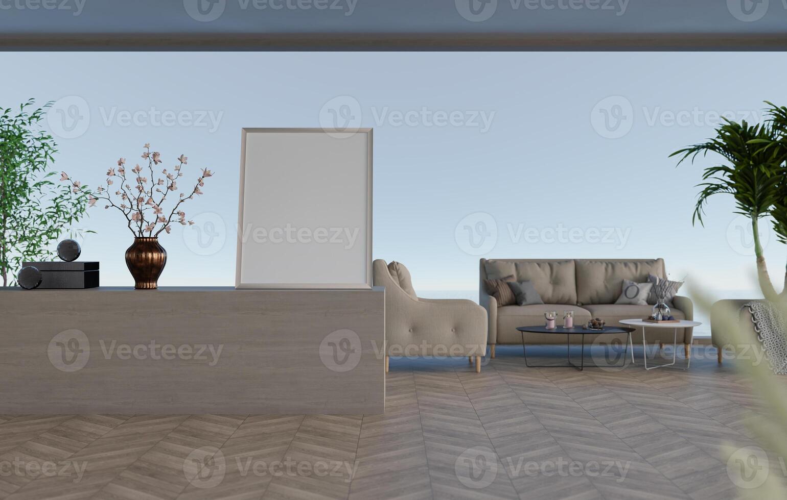 3D mockup blank photo frame in living room rendering
