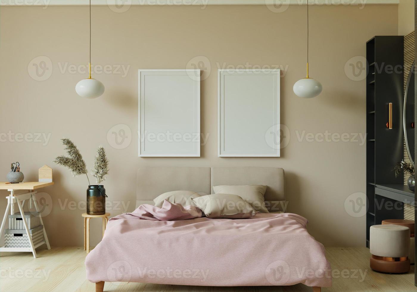 3D interoir design for bedroom and mockup frame photo