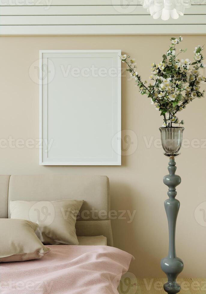 3D interoir design for bedroom and mockup frame photo