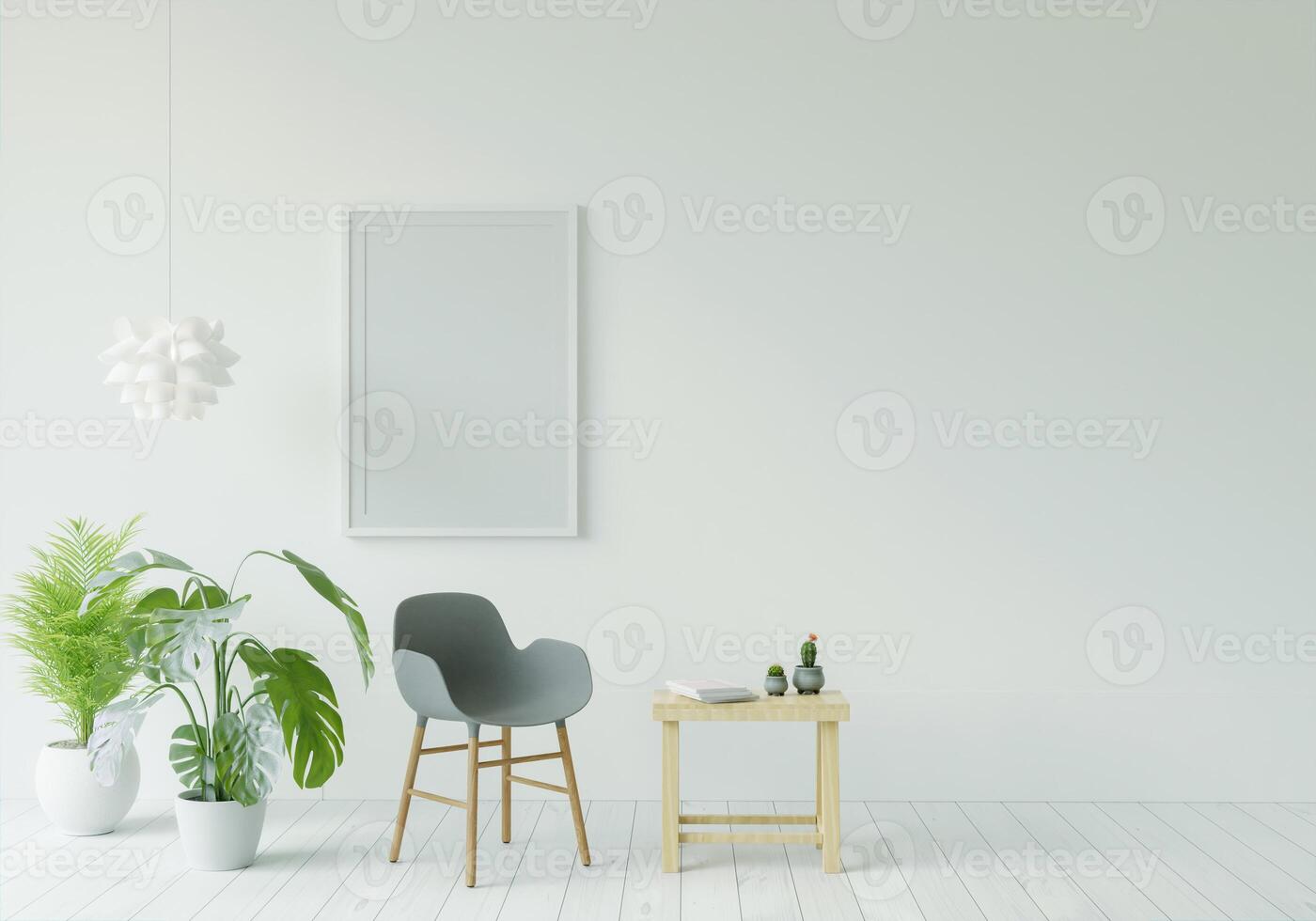 Picture frame attached to the wall, with chairs and vases placed on the table. photo