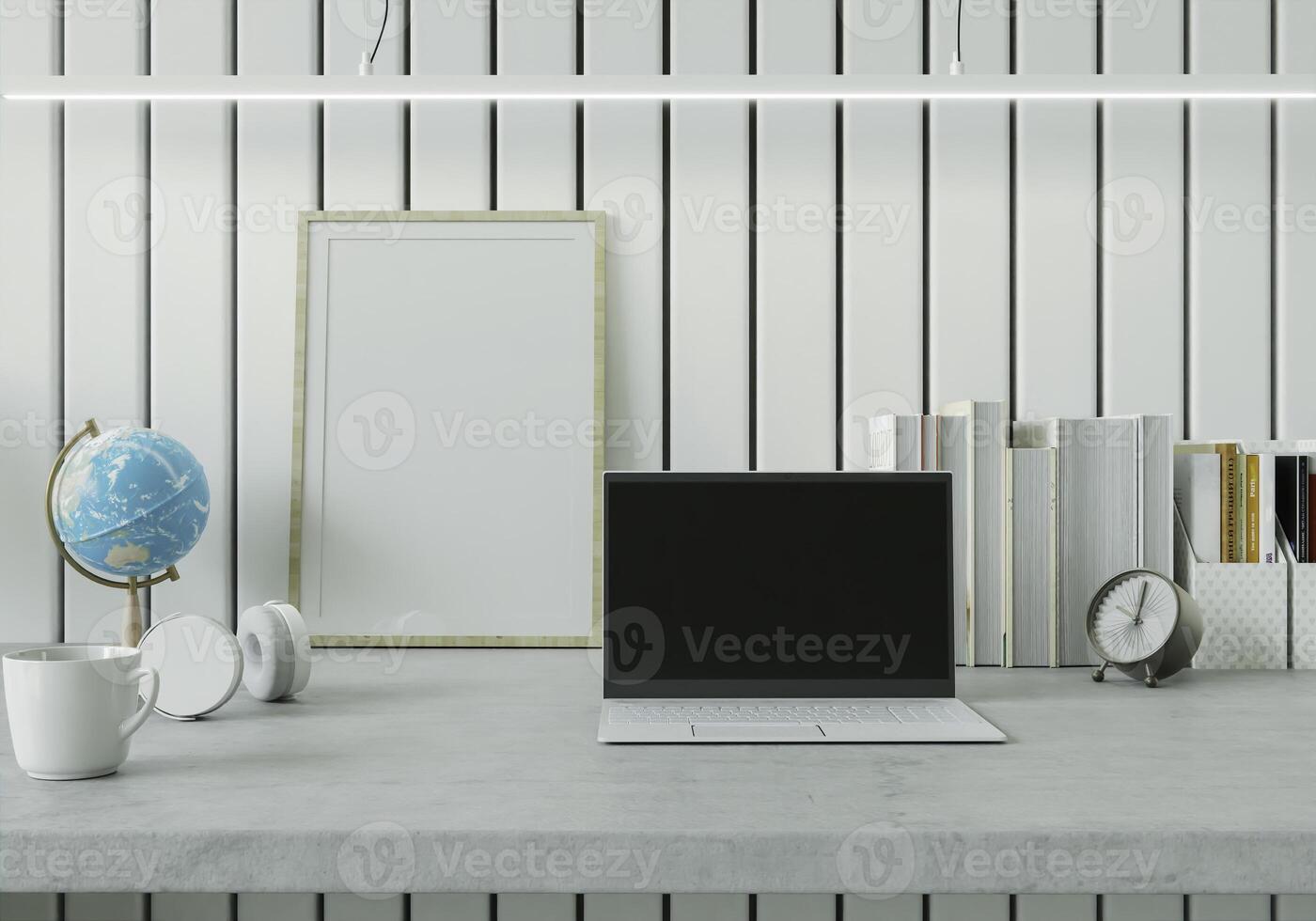 A set of desks and laptop placed on top photo
