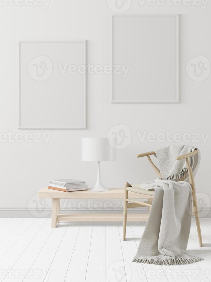 Picture frame attached to the wall, with chairs and vases placed on the table. photo
