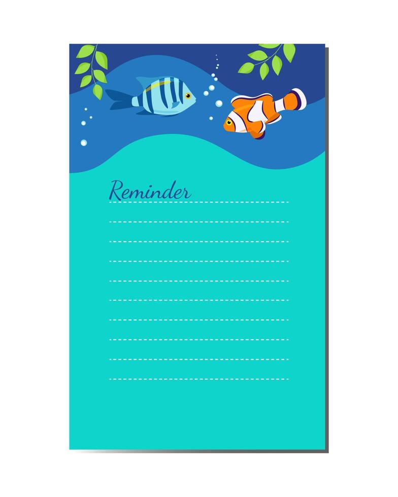 Reminder of the marine design with an exotic fish. Printable organizer page template. Diary page vector template
