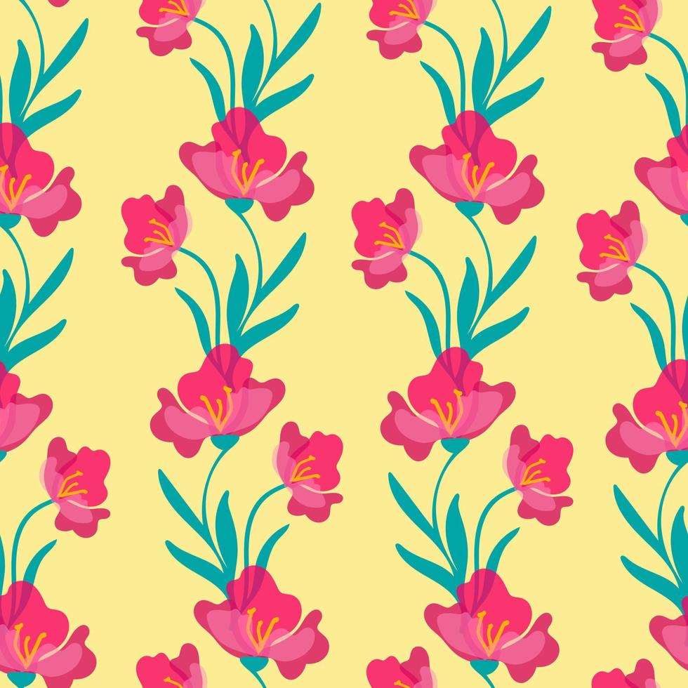 Pink hibiscus flower hand drawn seamless pattern. A beautiful spring plant with delicate petals vector