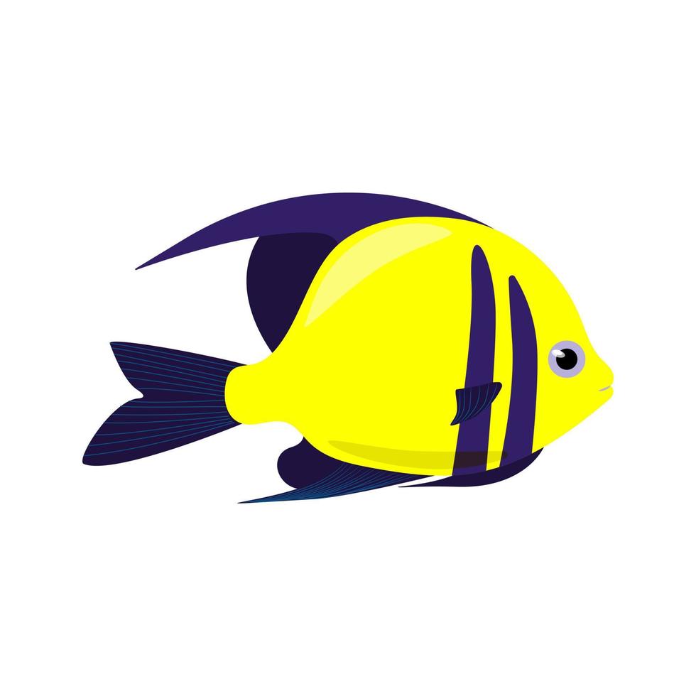 Decorative yellow sea fish with blue fins. Vector fish isolate in flat style, Sea exotic animals