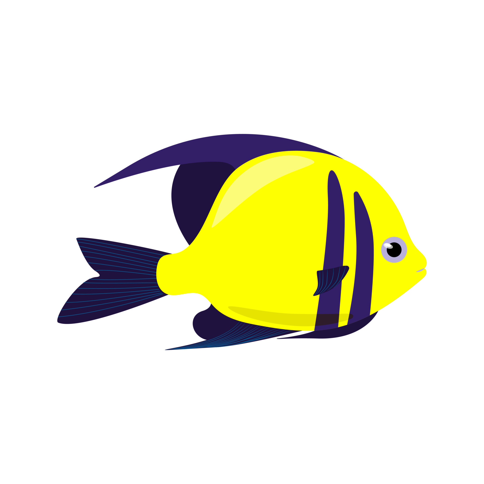 Decorative yellow sea fish with blue fins. Vector fish isolate in flat ...