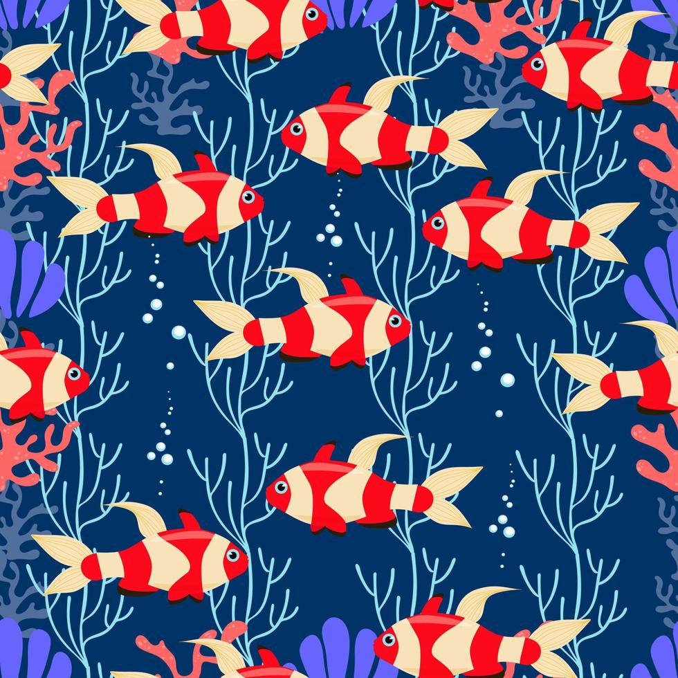 Exotic bright fish seamless pattern. Vector sea fish in flat style. Marine life