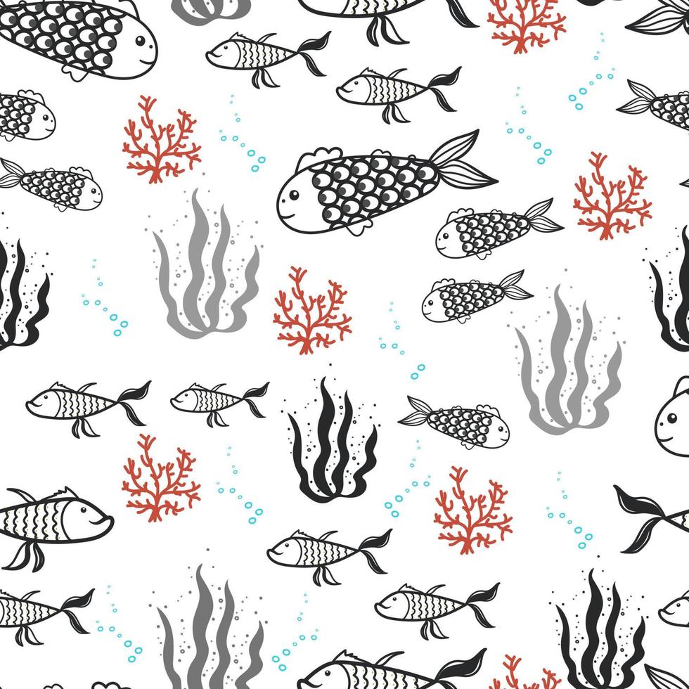 Sea fish algae and corals seamless pattern. Vector hand draw print.
