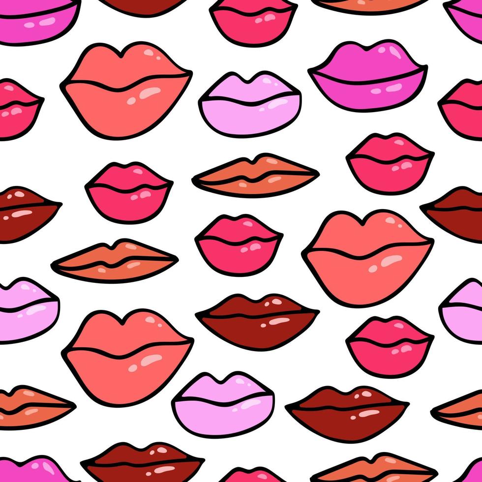 Hand drawn vector female lips of different shapes seamless vector pattern. Highlight lips in doodle style