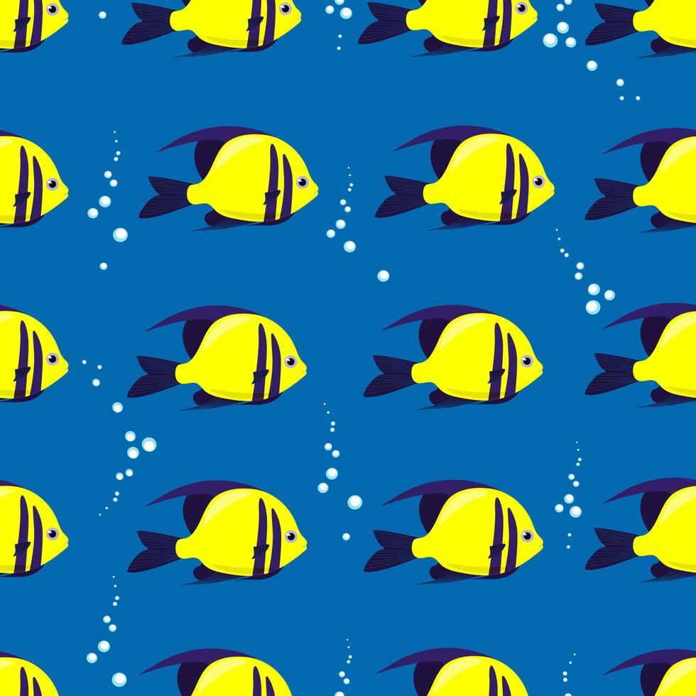 Exotic bright yellow fish seamless pattern. Vector sea fish in flat style. Marine life