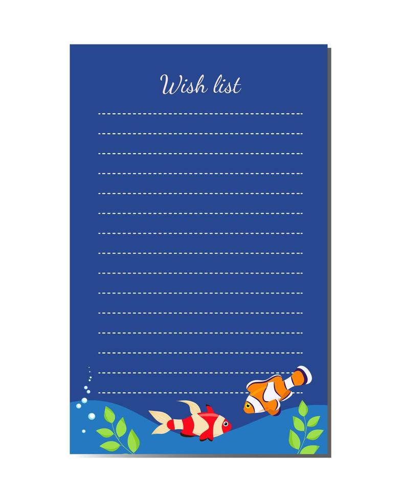 Wish list marine design with exotic fish. Printable organizer page template. Diary page vector template