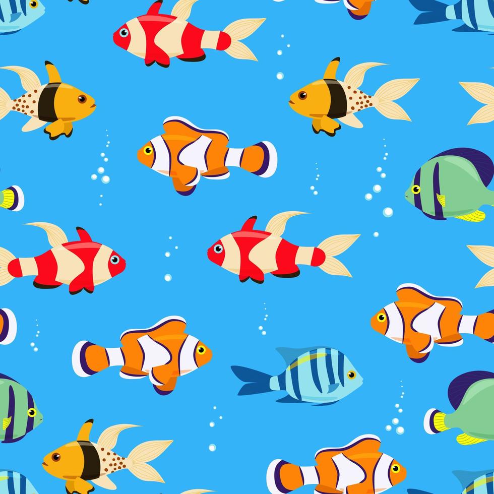 Exotic bright fish seamless pattern. Vector marine fish in flat style. Marine life
