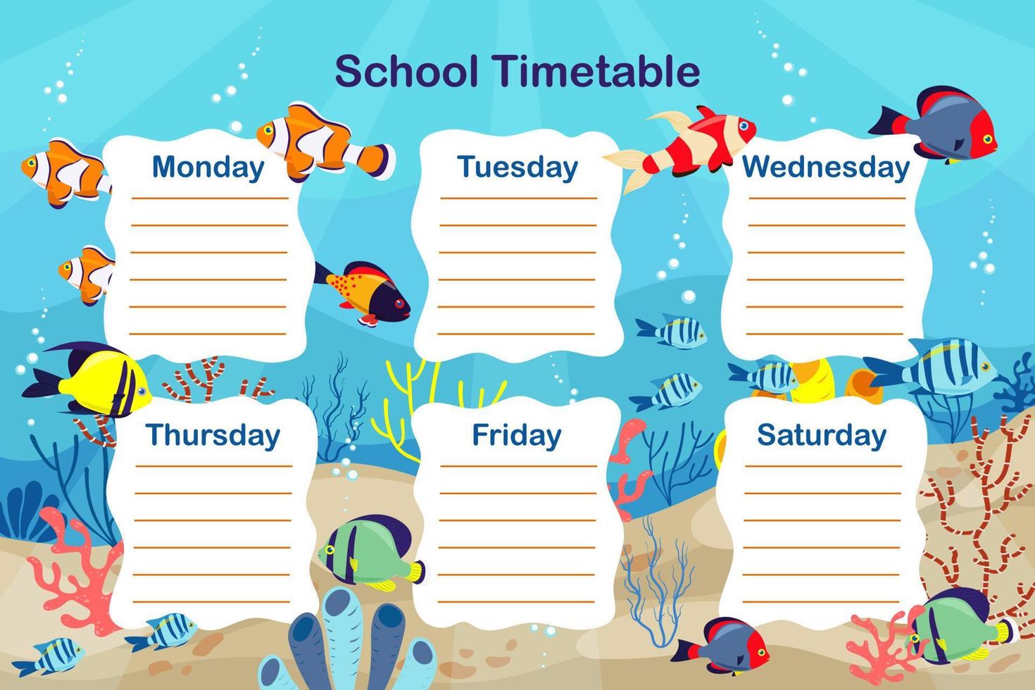 School timetable sea theme design fish corals vector template. Weekly lesson schedule printable template