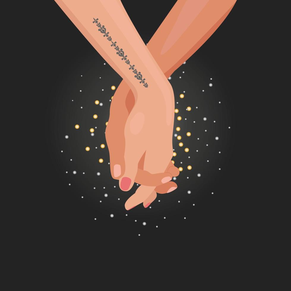 Hand in hand, Male hand holding female, romantic illustration on black background with backlight. Vector graphic print.