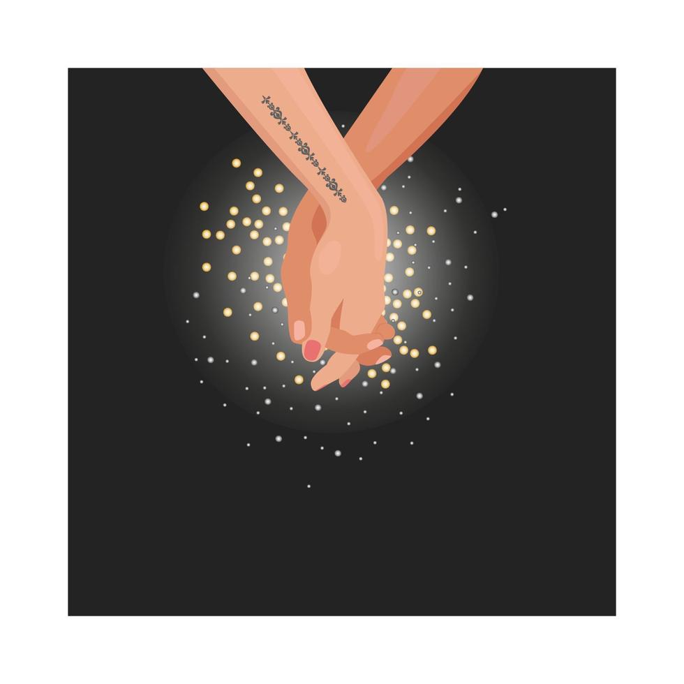 Hand in hand, Male hand holding female, romantic illustration on black background with backlight. Vector graphic print.