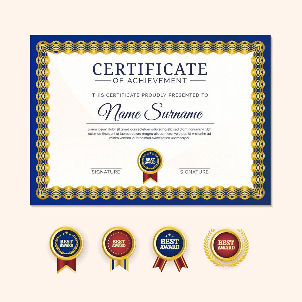 Formal Professional Certificate of Achievement Template with Badges vector