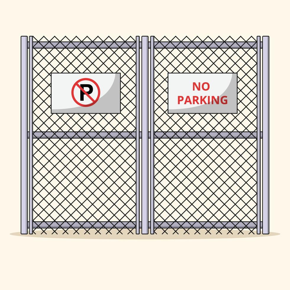 Metal Fence with No Parking Sign Vector Icon Illustration with Outline for Design Element, Clip Art, Web, Landing page, Sticker, Banner. Flat Cartoon Style
