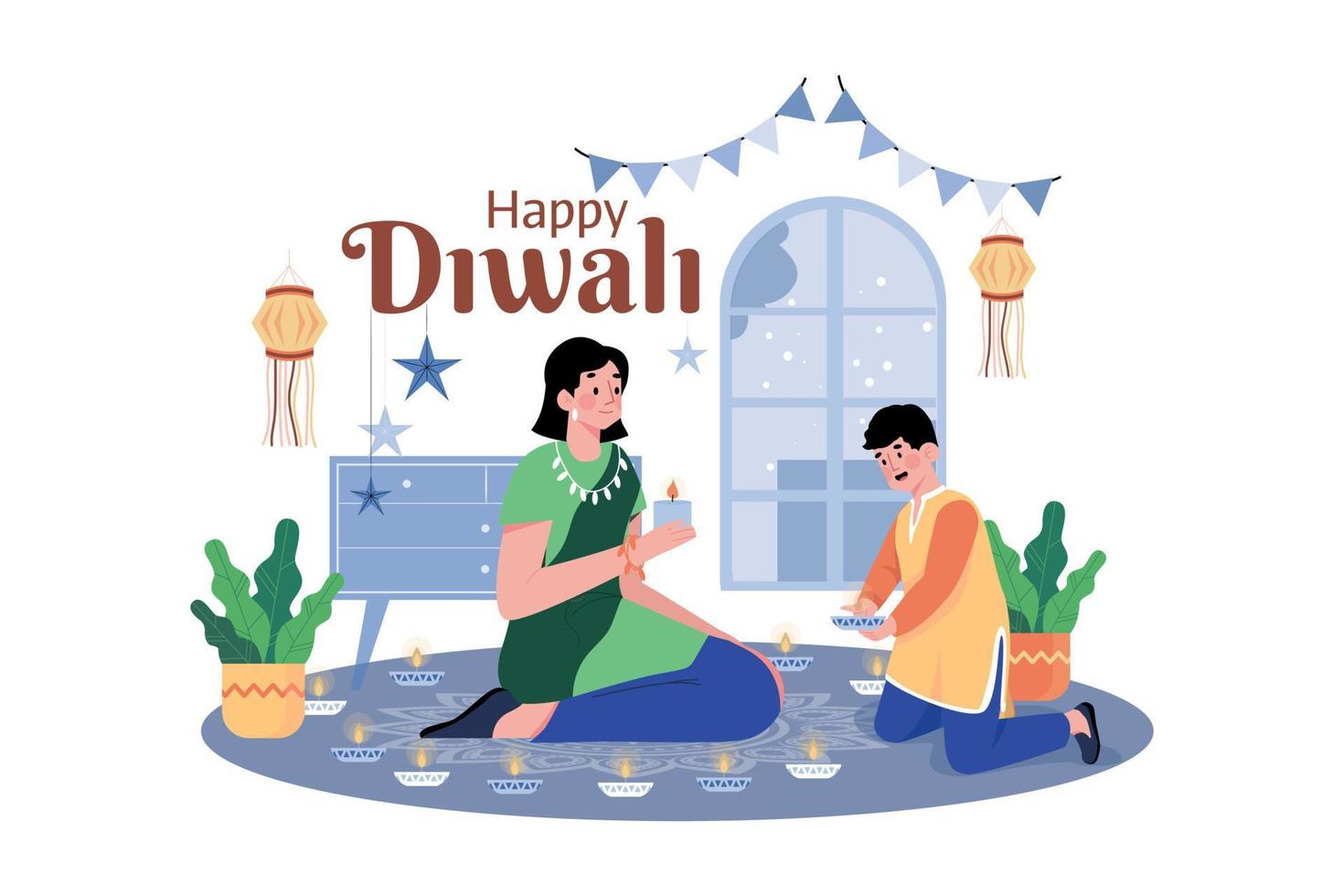 Indian Boy And Mother Holding Oil Lamps For Diwali Celebration vector