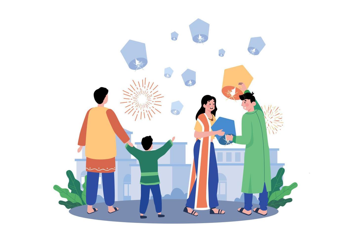 Family Releasing Sky Lanterns In The Evening Sky Indian Festival vector