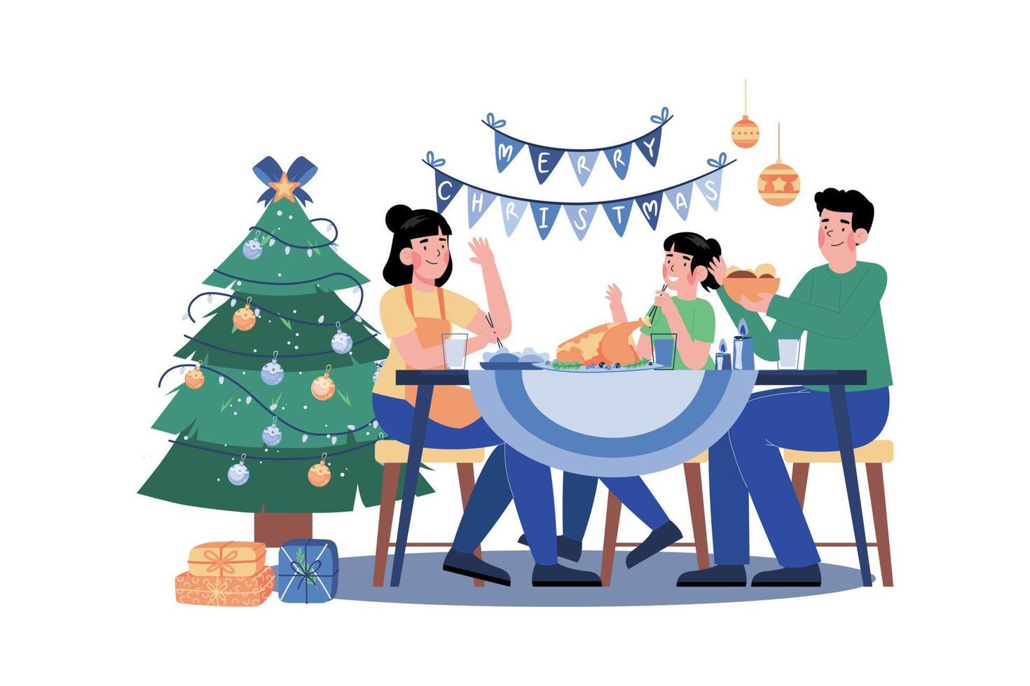 familia sirviendo la cena en la noche de navidad vector