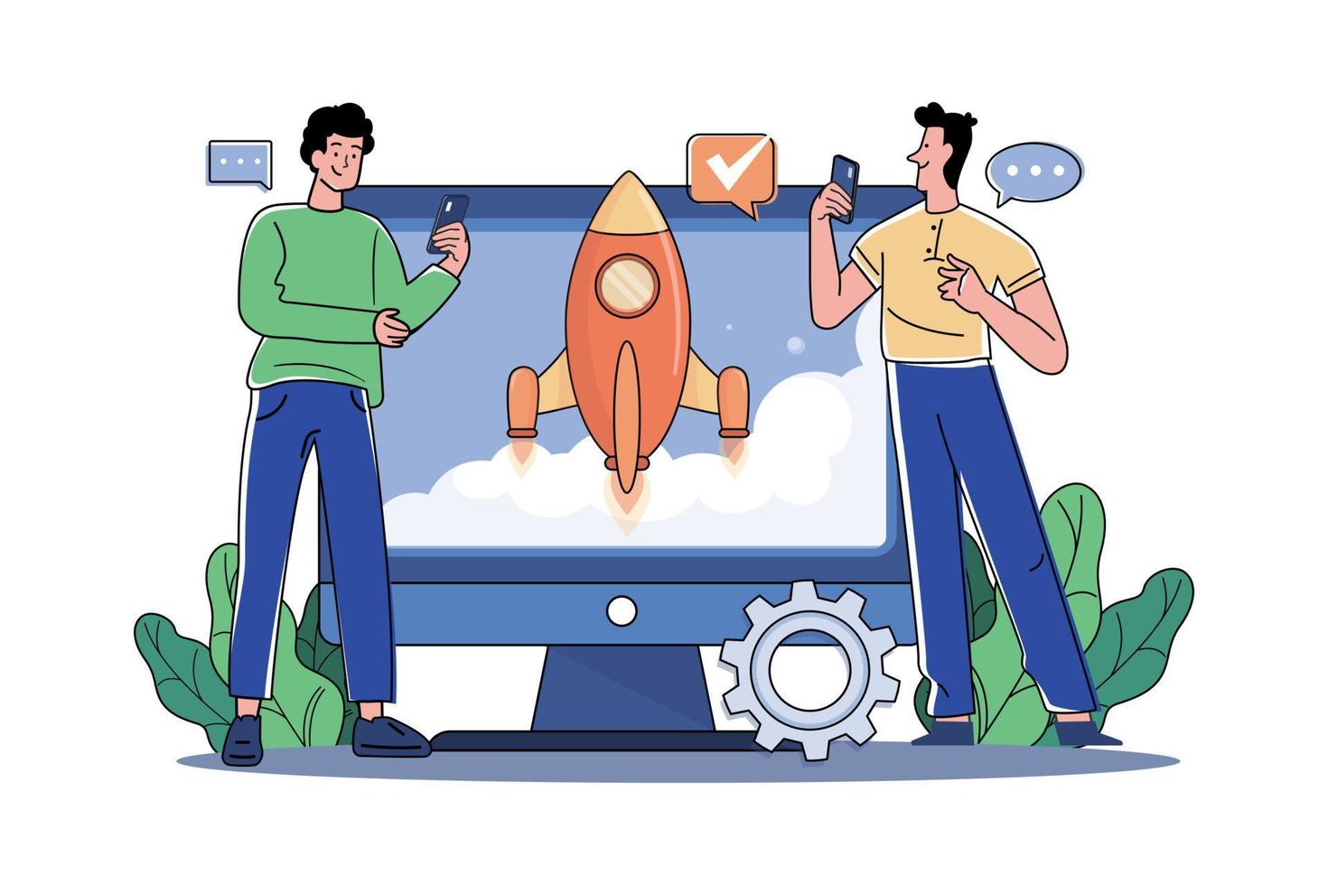 Guys Are Launching A Startup On A Virtual Screen vector